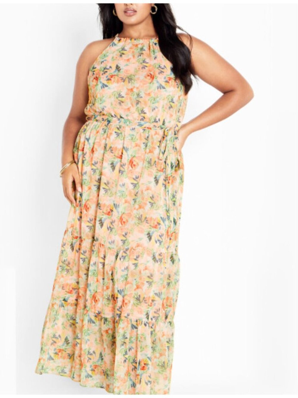 CITY CHIC Callie Maxi Sleeveless Halter Dress Tropical Floral Peach/Green XXL/24